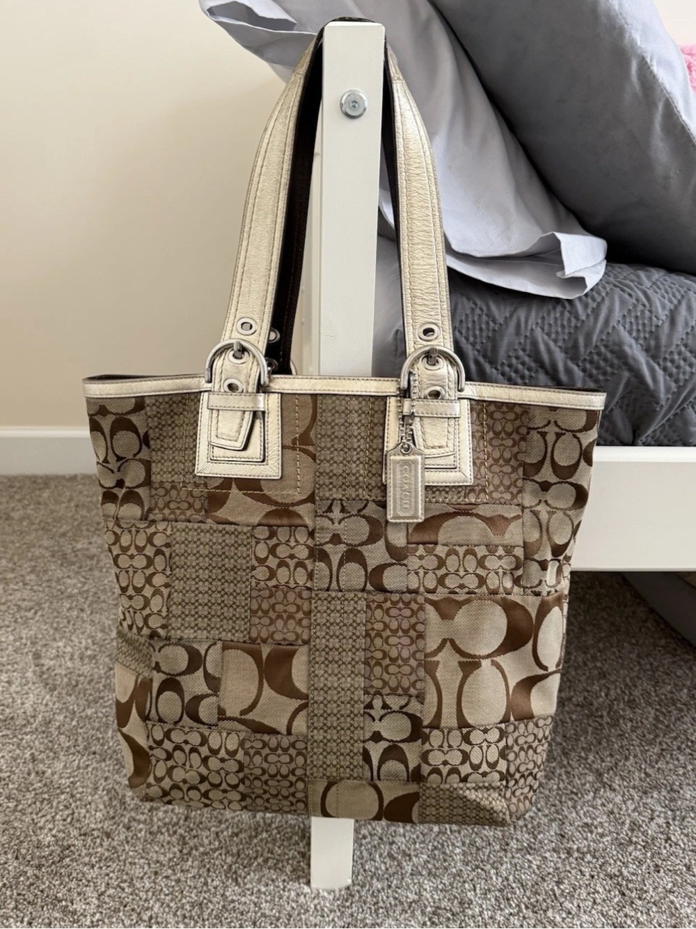 Coach Brown Patchwork Signature Tote with Metallic Handles